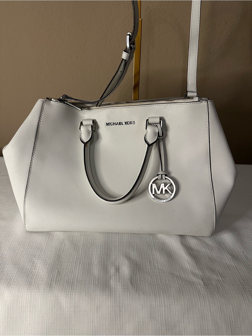 Michael Kors White Leather Satchel with Silver MK Charm